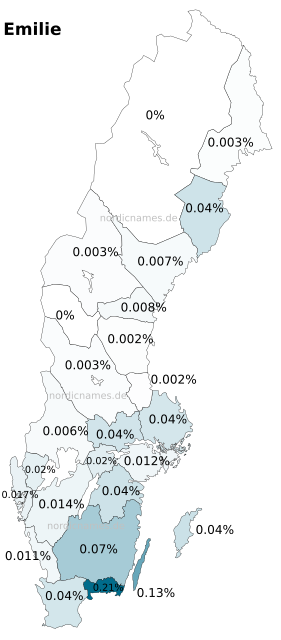 Swedish Regional Distribution for Emilie (f)