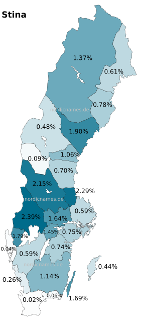 Swedish Regional Distribution for Stina (f)