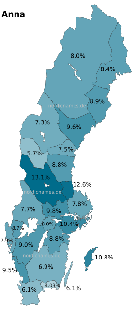 Swedish Regional Distribution for Anna (f)